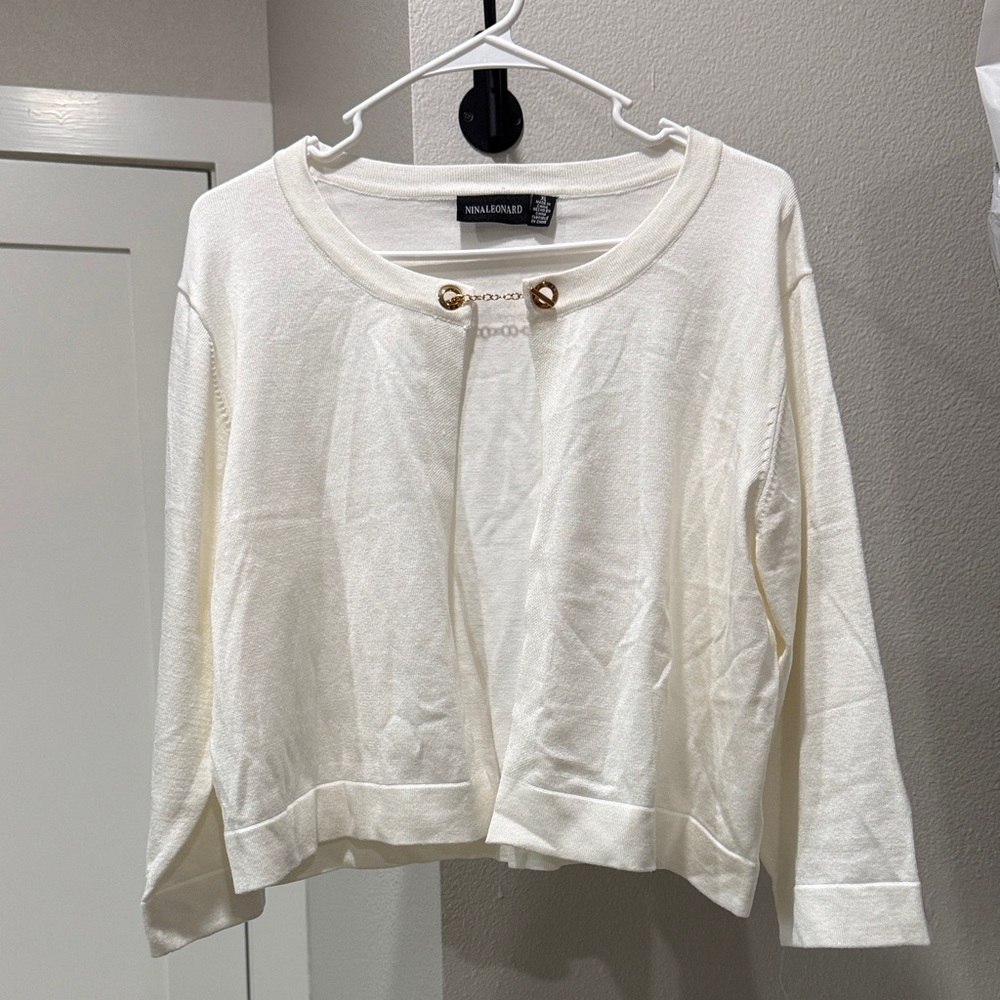 Nina Leonard Ivory Chain-Accent Open Cardigan XL